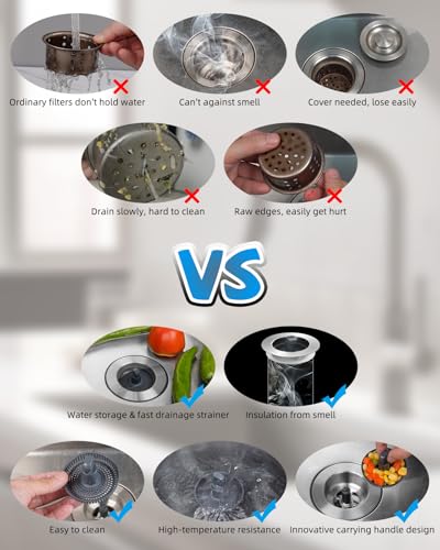 Hibbent Upgraded 3 in 1 Kitchen Sink Drain Strainer and Stopper Combo, Stainless Steel Metal Pop Up Sink Stopper, Anti-Clogging Basket with Foldable Handle for US Standard 3-1/2 Inch Drain - style: Stainless Steel with 1 Strainer