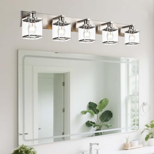 5-Lights Brushed Nickel Bathroom Wall Light with Clear Glass Shade, E26 Bulb Base Vanity Lighting Fixtures Over Mirror for Kitchen Cabinet Bedroom - color: Brushed Nickel, Clear Glass, size: 5-Lights
