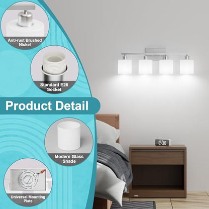Bathroom Lights Over Mirror Brushed Nickel, Anti-Rust 4-Light Bathroom Vanity Light Fixtures, Modern 24Inches Wall Sconces E26 Base, Milky White Glass Shades, Bulbs Not Included - color: Brushed Nickel-4 Light