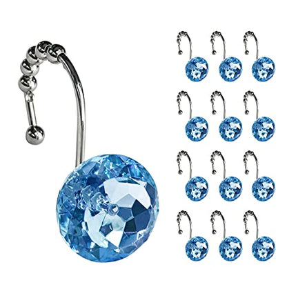 Sunlit Luxury Design Round Blue Diamond Crystal Gem Bling with Glide Balls Shower Curtain Hooks, Rust Proof Metal Rhinestones Glam Shower Curtain Rings-12 Pack - color: Blue