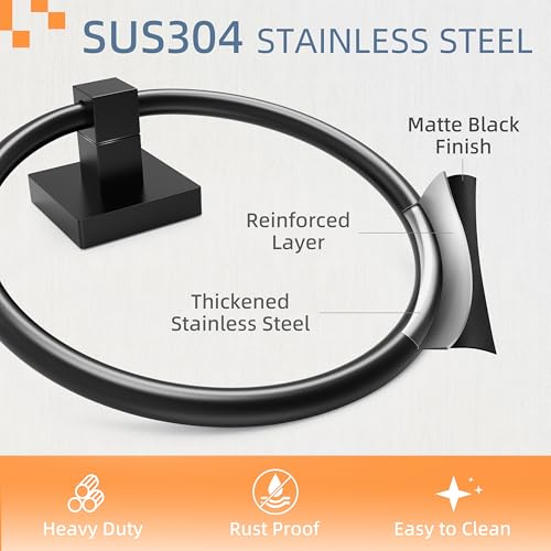 RUACQ Towel Ring, Hand Towel Holder for Bathroom Wall, Matte Black | Wall Mounted Hand Towel Bar, 304 Stainless Steel Towel Hanger, Square Base, Round Towel Holder Design, Modern, Heavy Duty - color: Black, size: 1