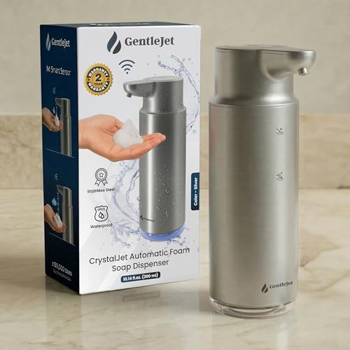 GentleJet CrystalJet Automatic Foam Soap Dispenser Stainless Steel, Touchless Sensor, USB-C Rechargeable, Waterproof, Modern Bathroom & Kitchen Sink, 300 ml - color: Silver
