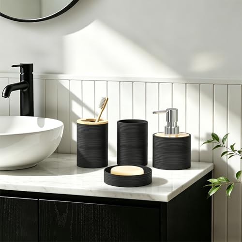Bathroom Accessory Set, 6-Pcs Black | Trash Can, Soap Dispenser, Toothbrush Holder & Cup, Soap Dish, Toilet Brush - color: Black