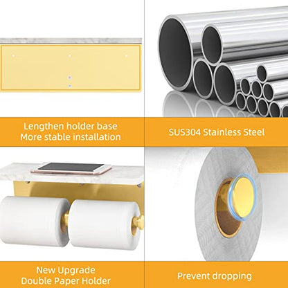Gypie Brushed Gold Toilet Paper Holder with Marble Shelf, Double Rolls | Toilet Paper Holder with Storage, Toilet Paper Wall Mount for Bathroom Washroom - color: Gold Double