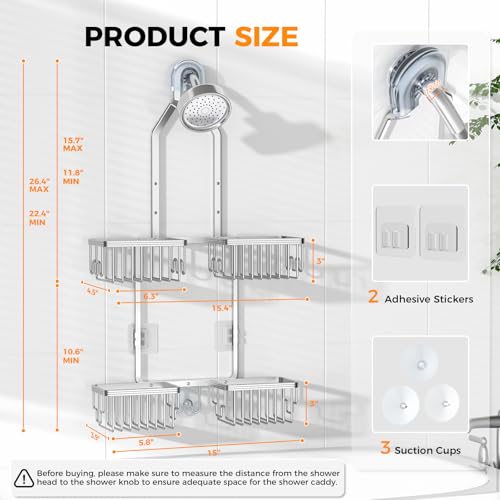 Adjustable Aluminum Shower Caddy Hanging for Handheld Showerhead, Silver | Rustproof Aluminum, Shower Organizer, Anti-Slip, Quick-Drain Shelf, 40lbs Capacity, Suction Cups, 8 Hooks, Razor Soap Holders - color: Silver