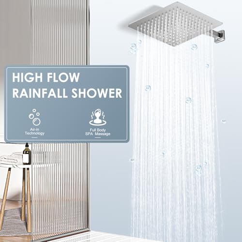 12 inch Brushed Nickel Rain Shower Head - All Metal 304 Stainless Steel, Full Body Rainfall Shower with 144 Silicone Nozzles - Square Showerheads Ceiling or Wall Mount Modern Bathroom - color: Brushed Nickel, size: 12 Inch Square