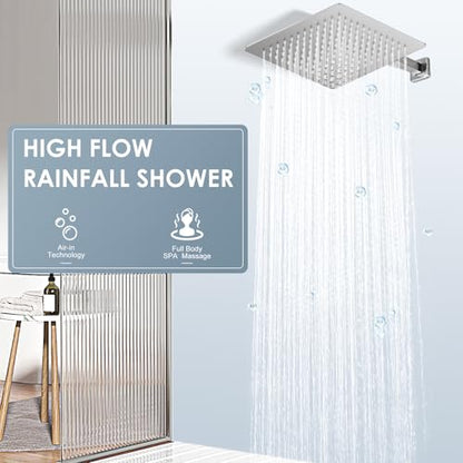 12 inch Brushed Nickel Rain Shower Head - All Metal 304 Stainless Steel, Full Body Rainfall Shower with 144 Silicone Nozzles - Square Showerheads Ceiling or Wall Mount Modern Bathroom - color: Brushed Nickel, size: 12 Inch Square