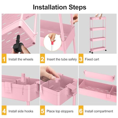 Slim Storage Cart 4 Tier,Bathroom Organizer Rolling Utility,Mobile Shelving Unit Slide Out for Office, Kitchen, Laundry Room & Narrow Places,Pink - color: Pink