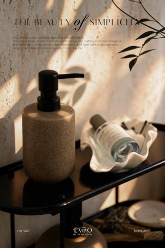 EMPO Ceramic Hand Soap Dispenser with Matte Black Pump, Stone-Textured Wabi-Sabi Liquid Dispenser for Bathroom Vanity and Kitchen Sink (350ml/11.83oz) - size: 350 ml