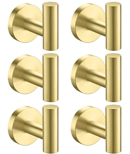 Nolimas Bathroom Towel Hooks SUS 304 Stainless Steel Coat Hook Round Clothes Towel Coat Robe Hook Cabinet Closet Door Sponges Holder for Bath Kitchen Garage Hotel,Wall Mounted,Brushed Gold,6Pack - color: 6pcs Brushed Gold
