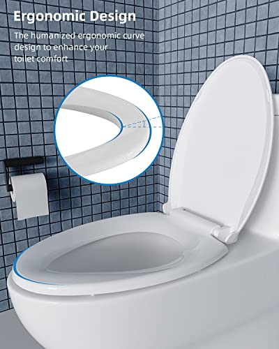 Hibbent Elongated Toilet Seat with Oval Cover, Soft Close Toilet Seat, Easy to Install,Never Loosen Hinge to Prevent Shifting, Non-slip Seat Bumpers and Easily Cleaning(White) - style: Standard Elongated 18.5"