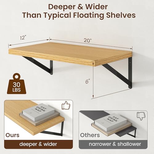 Deep Floating Shelves - 20 Inch Floating Shelves Set of 2-12 Inch Deep Oak Wall Shelves for Living Room Bathroom Kitchen - color: Oak, size: 20W x 12D