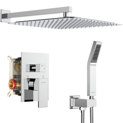 SR SUN RISE Polished Chrome Square Rainfall Shower Head and Handle Set, Wall Mounted Shower Fixtures, Metal Shower Faucet Trim Repair Kits (With Shower Valve) 16 Inches - color: Polished Chrome, size: 16 Inch