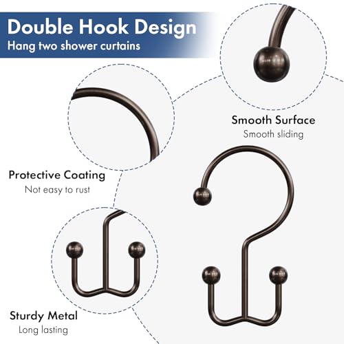 Bathway Shower Curtain Hooks Bronze Shower Curtain Rings, 12 Pcs Double Hook Shower Curtain Hooks Rings Shower Curtain Hangers Rust Proof, Metal Shower Hooks for Bathroom Shower Curtain Rod - color: Bronze, style: Minimalist