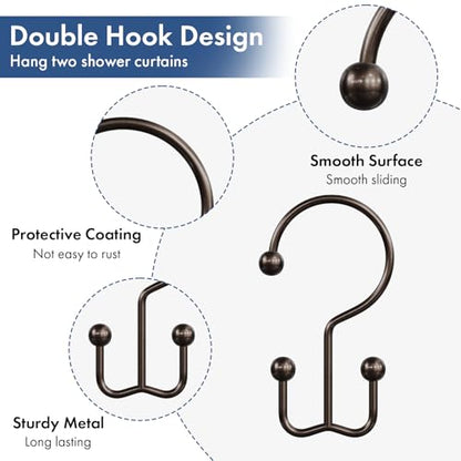 Bathway Shower Curtain Hooks Bronze Shower Curtain Rings, 12 Pcs Double Hook Shower Curtain Hooks Rings Shower Curtain Hangers Rust Proof, Metal Shower Hooks for Bathroom Shower Curtain Rod - color: Bronze, style: Minimalist