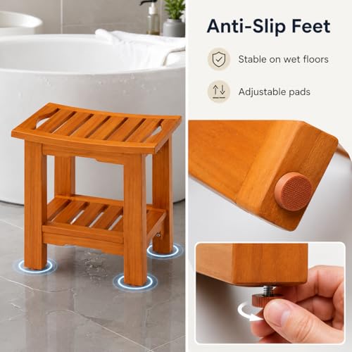 Simple Deluxe Teak Shower Bench, 14" Wood Shower Bench with Shelf, Waterproof Shower Stool for Inside Shower, Bath Chair for Bathroom, Tubs & Outdoor Use, 250LBS - size: 14"