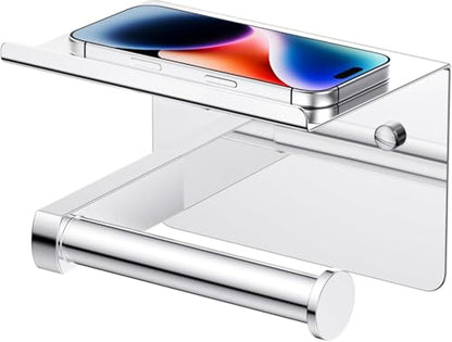 FORIOUS Toilet Paper Holder with Shelf, Adhesive or Screw, Chrome | Wall Mount Toilet Paper Roll Holder for Bathroom, Stainless Steel Commercial Toilet Tissue Roll Dispenser with Phone Shelf - color: Chrome