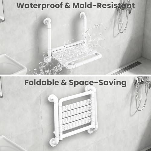 16-Inch Wall Mounted Shower Seats with Armrests, Space-Saving Foldable Shower Bench for Small Bathrooms, Safety Wall-Mounted Foldable Shower Chair with Reflective Strips, Holds up to 330 lbs