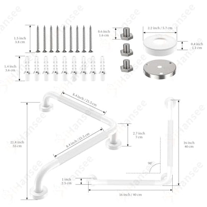 Angled Grab Bar - 16x16 Inch Stainless Steel Knurled Toilet Handles Wall Mounted Bathroom Handicap Safety Rails for Elderly Injured Balance Support, L-Shaped White Grab Bar for Shower | White Bathroom Grab Bar for Senior Elderly, Stainless Steel Handicap