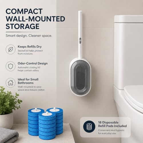 Disposable Toilet Brush and Holder Set, Wall-Mounted Automatic Closing Toilet Bowl Cleaner Kit with 18 Refill Heads, Deep Cleaning System for Hard Water Stains, No-Drill Easy Installation - size: Toilet Brush + 18Refills