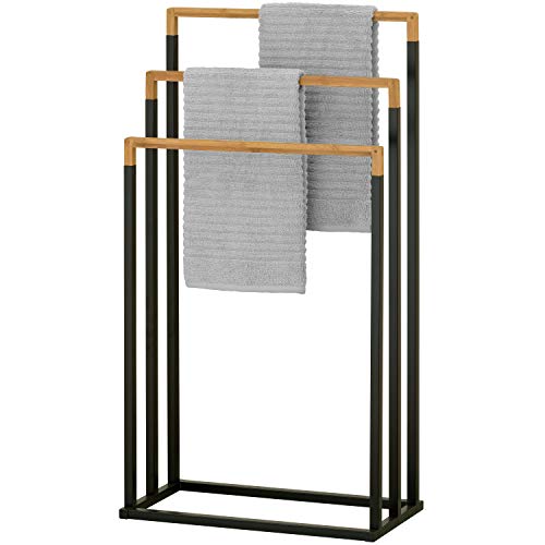 MyGift 33 Inch Standing Towel Rack, Freestanding Bath Towel Holder with 3 Tier Bamboo Wood Bar and Black Chrome Plated Metal, Drying Rack Stand for Bathroom, Laundry - size: 3 Tiers