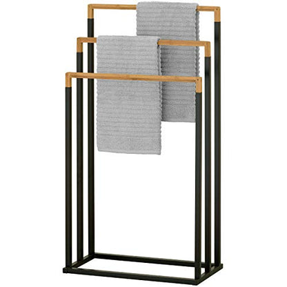 MyGift 33 Inch Standing Towel Rack, Freestanding Bath Towel Holder with 3 Tier Bamboo Wood Bar and Black Chrome Plated Metal, Drying Rack Stand for Bathroom, Laundry - size: 3 Tiers