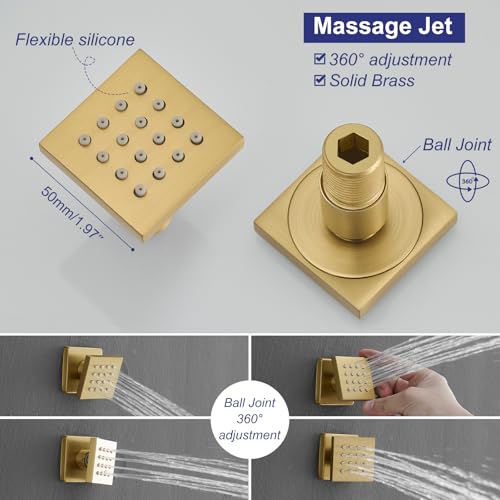RUMOSE Rainfall Shower System with 4 Full Body Jet 4 Mode Shower Faucet Set | 12 Inch Rain Shower Head, 2 in 1 Handheld Spray, Brushed Gold Brass Shower Jet Shower Fixtures, Wall Mounted - color: Brushed Gold