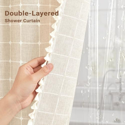 Beige 3-in-1 Linen Heavy Duty Shower Curtain with Liner, 72x72, Cream | 330GSM Linen Blend, Waterproof Clear PEVA Liner, Heavy Duty Fabric, 12 Plastic Hooks, Rustic Bohemian Style, Machine Washable - color: Cream With Liner, size: 72"W x 72"L (Pack of 1)