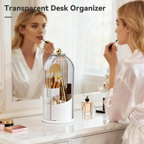 Makeup Brush Holder 360° Rotating Countertop Organizer with Lid Transparent | Transparent Sealed Lid, Waterproof, 3 Compartments, 180° Side Pull Door, for Vanity Makeup Brushes & Bathroom Toothbrushes - color: Transparent