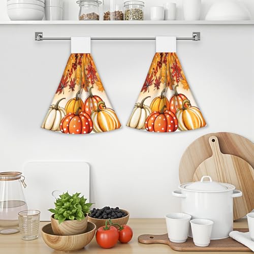 Giwawa Autumn Pumpkin Hanging Hand Towels Set of 2 Maple Leaves Bath Tie Towel Thanksgiving Absorbent Dish Wipe Washcloth for Kitchen Tabletop Room - color: Pumpkin Maple Leaf