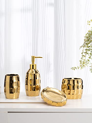 Bathroom Accessories Set, Golden Mosaic Ceramic Bathroom Accessory Sets Include Lotion Dispenser, Toothbrush Holder Tumbler, and Soap Dish - color: Gold 014