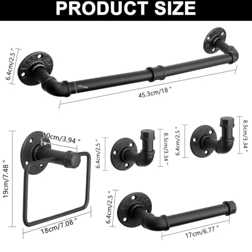 5-Pieces Industrial Pipe Bathroom Accessories Hardware Kit DIY Wall Mounted Includes Towel Bar Robe Hooks Toilet Paper Holder and Towel Ring (Black, 18 Inch)