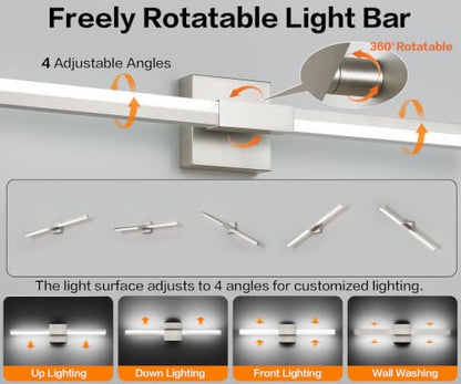 SOLFART Bathroom Light Fixture 40-Inch: Brushed Nickel Dimmable Vanity Lights for Bathroom, Built-in Dimmer, Thickened Aluminum Body, 360 Degree Rotation, ETL IP44 - color: Brushed Nickel-6000K, 5-Step Brightness Control, size: 40 inch