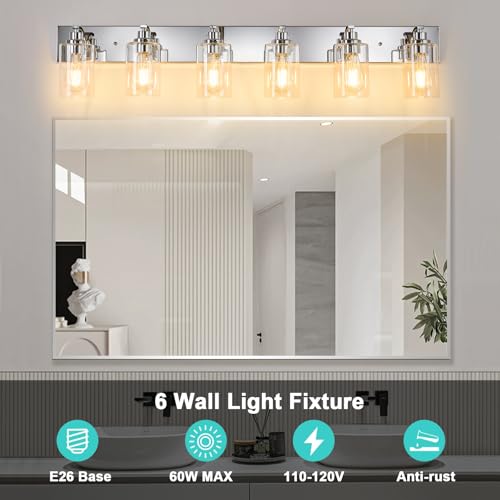 6-Light Bathroom Light Fixtures Modern Chrome Vanity Lights | Easy to Install Clear Glass Shades, Wall Mount Up or Down, E26 Socket, Hardwired, 129V - color: Chrome, size: 6 Lights