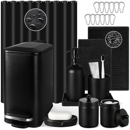 Bathroom Sets with Shower Curtain and Rugs, 22 Pcs Black Bathroom Accessories with Trash Can, Waterproof Shower Curtain, Bathroom Rugs Super Absorbent, Modern Bathroom Sets Complete Decor - size: 10Pcs Bathroom Set