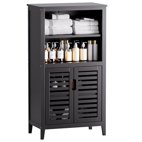 HITNET Black Bathroom Storage Cabinet, Freestanding Bamboo Floor Cabinet 5 Tier Tall Kitchen Cupboard with Door and Removable Shelves - color: Black