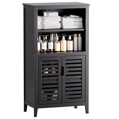 HITNET Black Bathroom Storage Cabinet, Freestanding Bamboo Floor Cabinet 5 Tier Tall Kitchen Cupboard with Door and Removable Shelves - color: Black