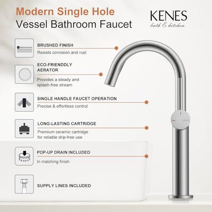 Brushed Nickel Vessel Sink Faucet Single Handle, Tall Bathroom Faucet | Vessel Bowl Faucet with Pop Up Drain & Supply Lines, Lead-Free cUPC & NSF Certified, 1 Hole Faucet for Vanity RV Restroom - color: Brushed Nickel, size: Tall