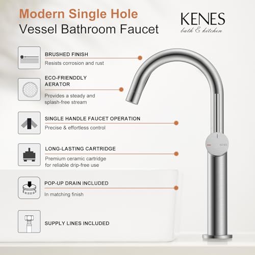 Brushed Nickel Vessel Sink Faucet Single Handle, Tall Bathroom Faucet | Vessel Bowl Faucet with Pop Up Drain & Supply Lines, Lead-Free cUPC & NSF Certified, 1 Hole Faucet for Vanity RV Restroom - color: Brushed Nickel, size: Tall