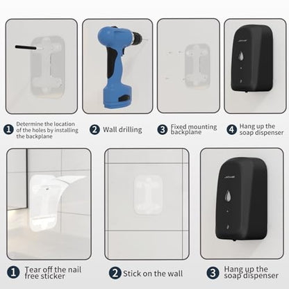 JETWELL Touchless Wall Mount Stainless Steel Soap Dispenser 34OZ/1000ML | Black Matte Cover, Large Capacity, Battery Powered, Liquid Soap, Commercial & Home Use - color: Black Matte Stainless Steel