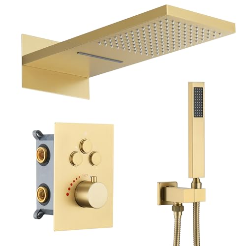 Thermostatic Shower System, Waterfall Shower Head(Brushed Gold) | 22-Inch Rain & Waterfall Large Shower Head, High Pressure Handheld Sprayer, 3 Modes Push Button Valve - color: Brushed Gold