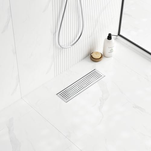 Neodrain 12-Inch Brushed Linear Shower Drain with Quadrato Pattern Grate | 304 Stainless Steel Linear Drain,Rectangle Shower Floor Drain with Hair Strainer, shower drain base ,Fits Bathroom, Balcony - color: Brushed, size: 12 In