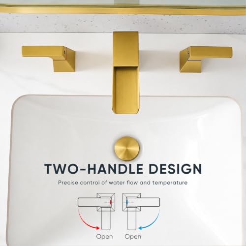 Brushed Gold Waterfall Bathroom Faucet for 3-Hole Sinks 8 Inch Widespread Vanity Faucet with Sculptural Trapezoid Body, Two Handles, Pop-Up Drain & Hoses - color: B - Brushed Gold