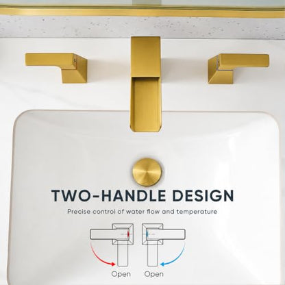 Brushed Gold Waterfall Bathroom Faucet for 3-Hole Sinks 8 Inch Widespread Vanity Faucet with Sculptural Trapezoid Body, Two Handles, Pop-Up Drain & Hoses - color: B - Brushed Gold
