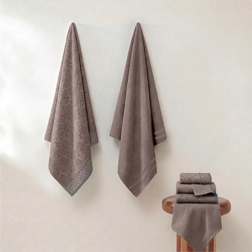 Modern Threads 6 Piece Cotton Bath Towel Set – Ultra Soft 550 GSM Towels – Bathroom Set with Hand Towels and Washcloths – Diamond Border (Classic Taupe) - color: Classic Taupe, style: Diamond Border