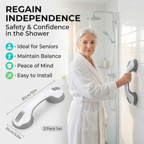 2 Pack Grab Bars for Shower - 12 Inch Suction Cup Shower Handle for Bathtubs, Strong Hold Bath Handles for Seniors, Handicap Safety Grip & Balance Assist, Tool-Free Installation