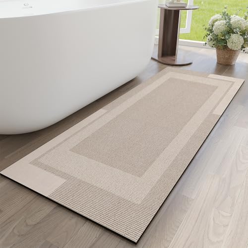 YDKGL Non Slip Bath Mat Long Ultra Thin Bathroom Rugs Runner Fit Under Door | Quick Dry Absorbent Washable Rubber Backing Bath Rug Shower Bathroom Floor Mat for Sink Bathtub Shower Entrance Beige 17"x59" - color: A- Beige, size: 17” x 59“
