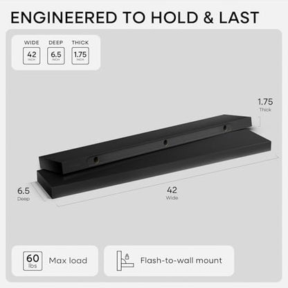 Floating Black Shelf 42 inch, High End Solid Real Wood 42 inches Long Floating Shelves for Wall, Black Wooden 42inch Large Floating Shelves, Heavy Duty Bracket, 42 X 6.5 X 1.75 in, Set of 2 - color: Modern Black - Rich Neutral Satin, size: 42 inch