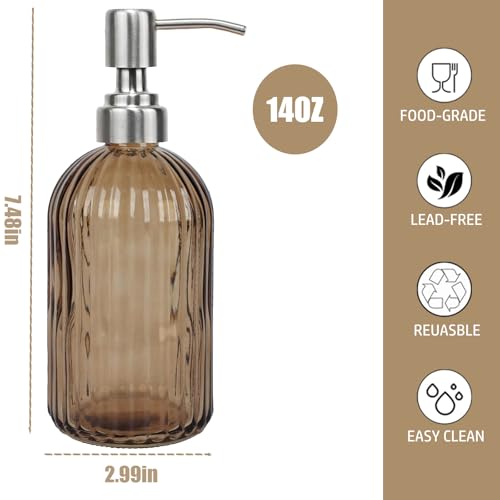 14Oz Brown Glass Soap Dispenser Bathroom, Stainless Steel Pump, Stripe | Clear Glass Liquid Hand Soap Dispensers, Refillable Dish Soap Dispenser for Kitchen, Countertop Soap Dispensers - color: Brown