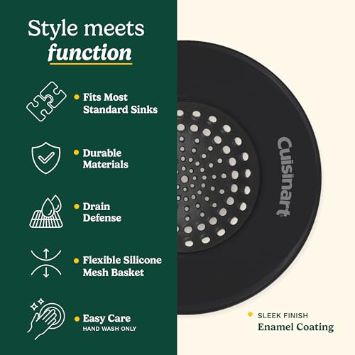 Cuisinart Stainless Steel Kitchen Sink Drain Strainer, 2-Pack, 4.35" | Fits standard 3.5in drains, silicone base and mesh, scratch-safe on steel or porcelain, enamel-coated to resist rust - color: Black